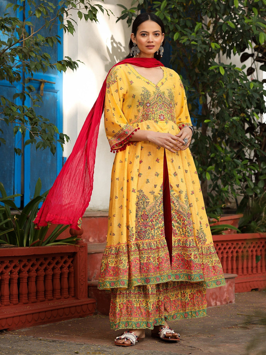 Juniper Mustard Cotton Floral Printed Anarkali Kurta With Pants And Dupatta Set With Sequins & Beadwork - Distacart