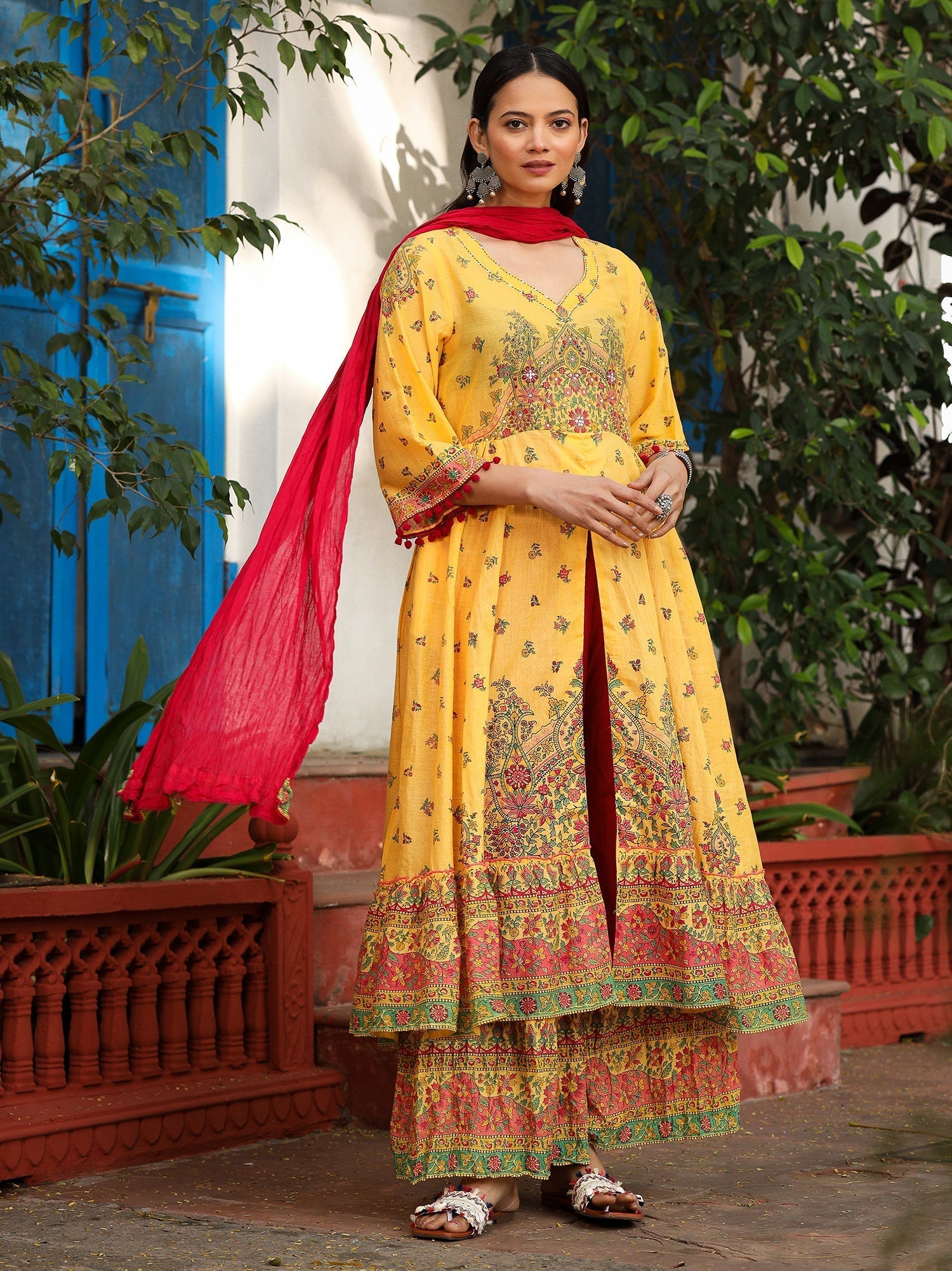 Juniper Mustard Cotton Floral Printed Anarkali Kurta With Pants And Dupatta Set With Sequins & Beadwork - Distacart