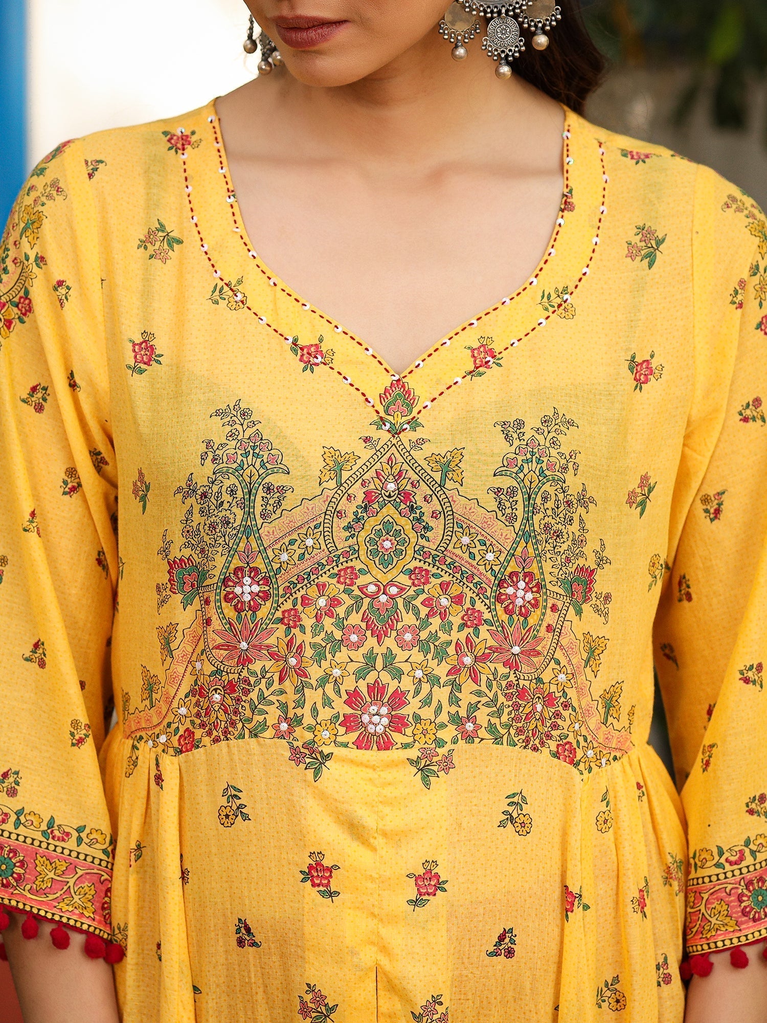 Juniper Mustard Cotton Floral Printed Anarkali Kurta With Pants And Dupatta Set With Sequins & Beadwork - Distacart