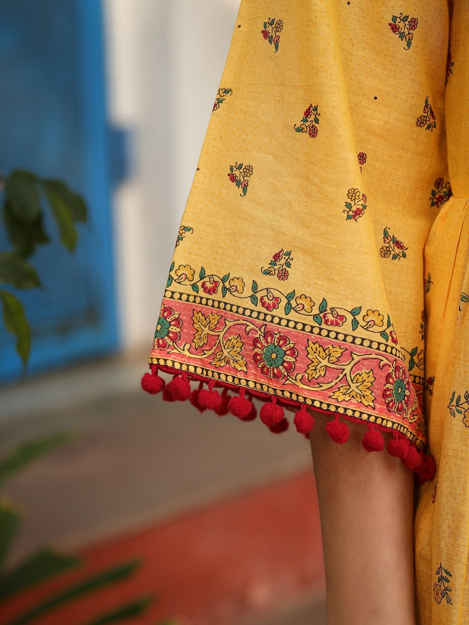Juniper Mustard Cotton Floral Printed Anarkali Kurta With Pants And Dupatta Set With Sequins & Beadwork - Distacart