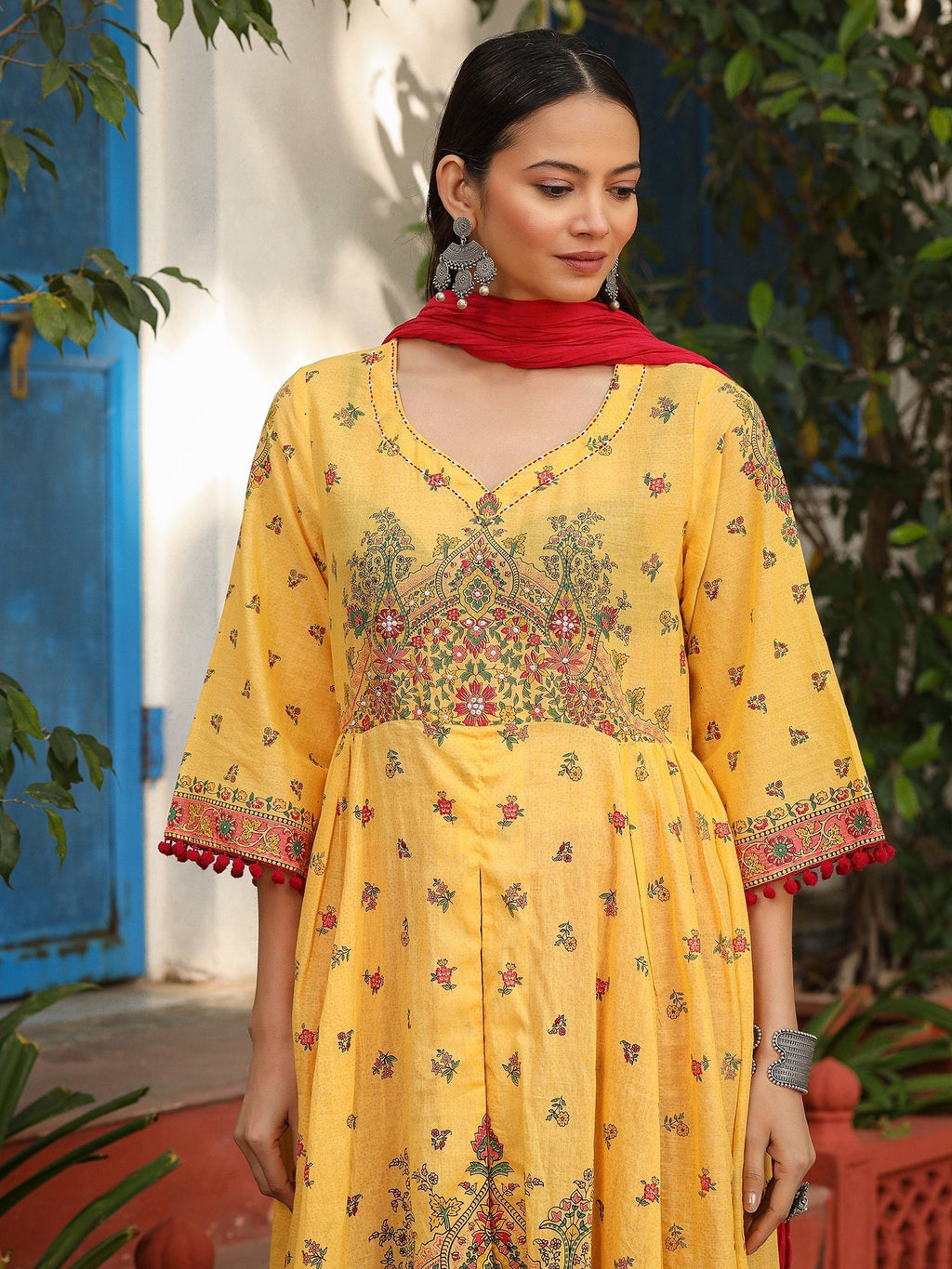 Juniper Mustard Cotton Floral Printed Anarkali Kurta With Pants And Dupatta Set With Sequins & Beadwork - Distacart