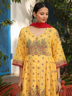 Juniper Mustard Cotton Floral Printed Anarkali Kurta With Pants And Dupatta Set With Sequins & Beadwork - Distacart