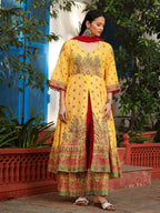 Juniper Mustard Cotton Floral Printed Anarkali Kurta With Pants And Dupatta Set With Sequins & Beadwork - Distacart