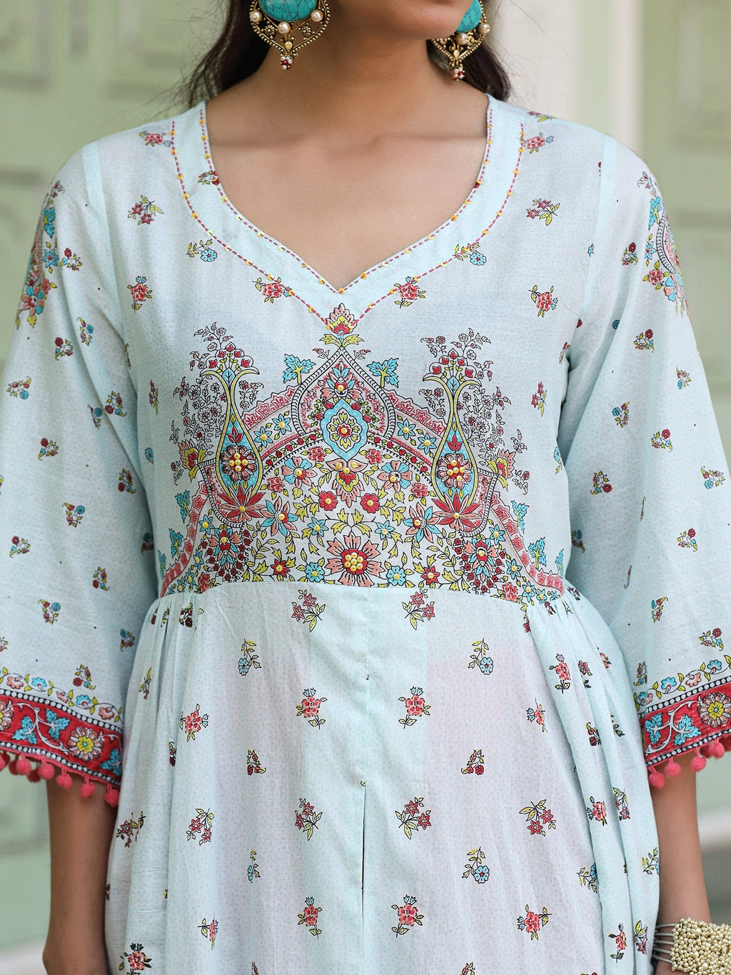 Juniper Sky Blue Cotton Floral Printed Anarkali Kurta With Pants And Dupatta Set With Sequins & Beadwork
