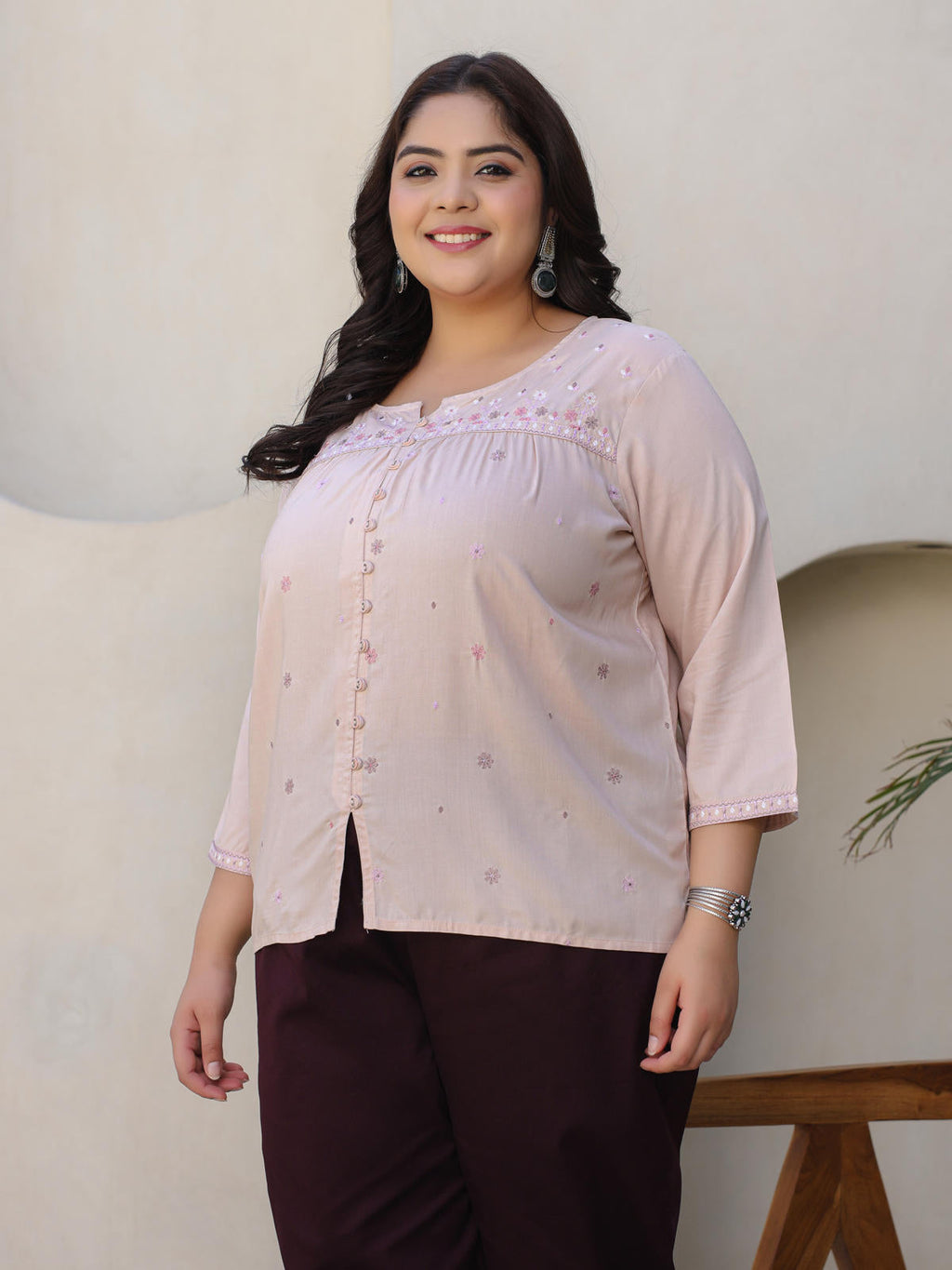 Juniper Women's The Mishri Nude Floral Printed & Gathered Rayon Plus Size Tunic