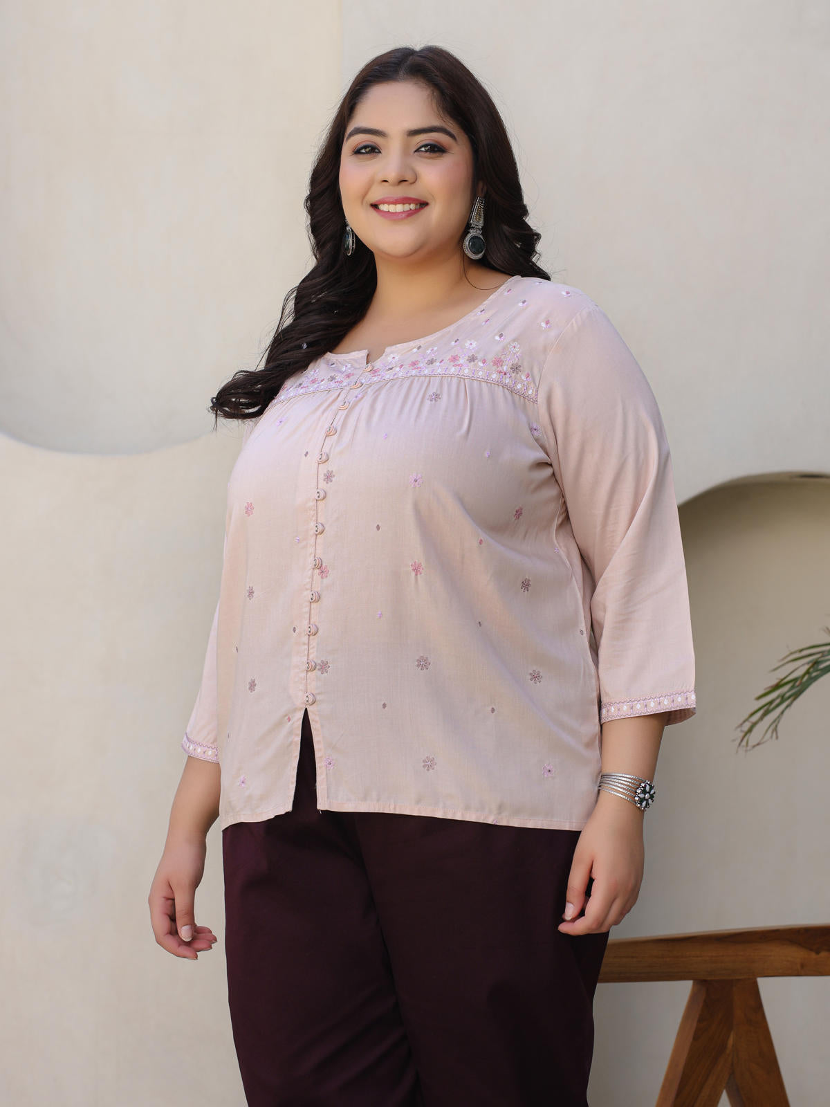 Juniper Women's The Mishri Nude Floral Printed & Gathered Rayon Plus Size Tunic