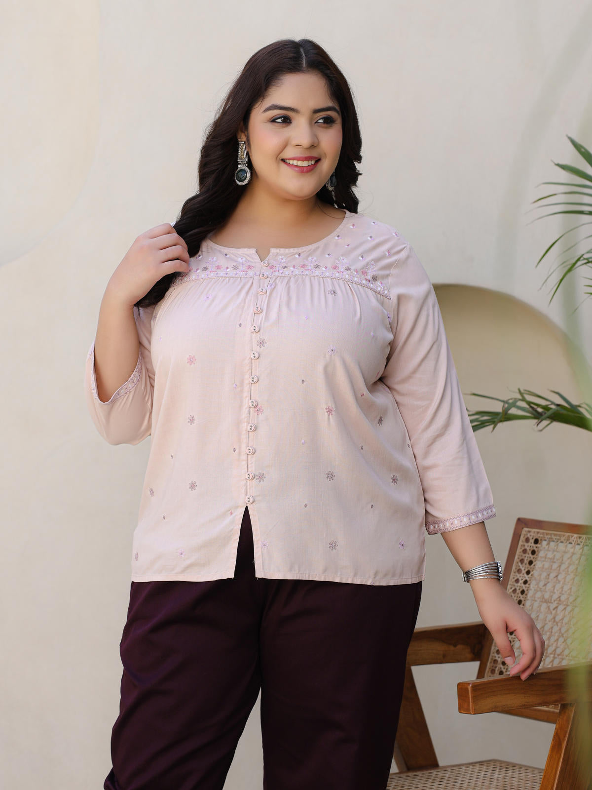 Juniper Women's The Mishri Nude Floral Printed & Gathered Rayon Plus Size Tunic