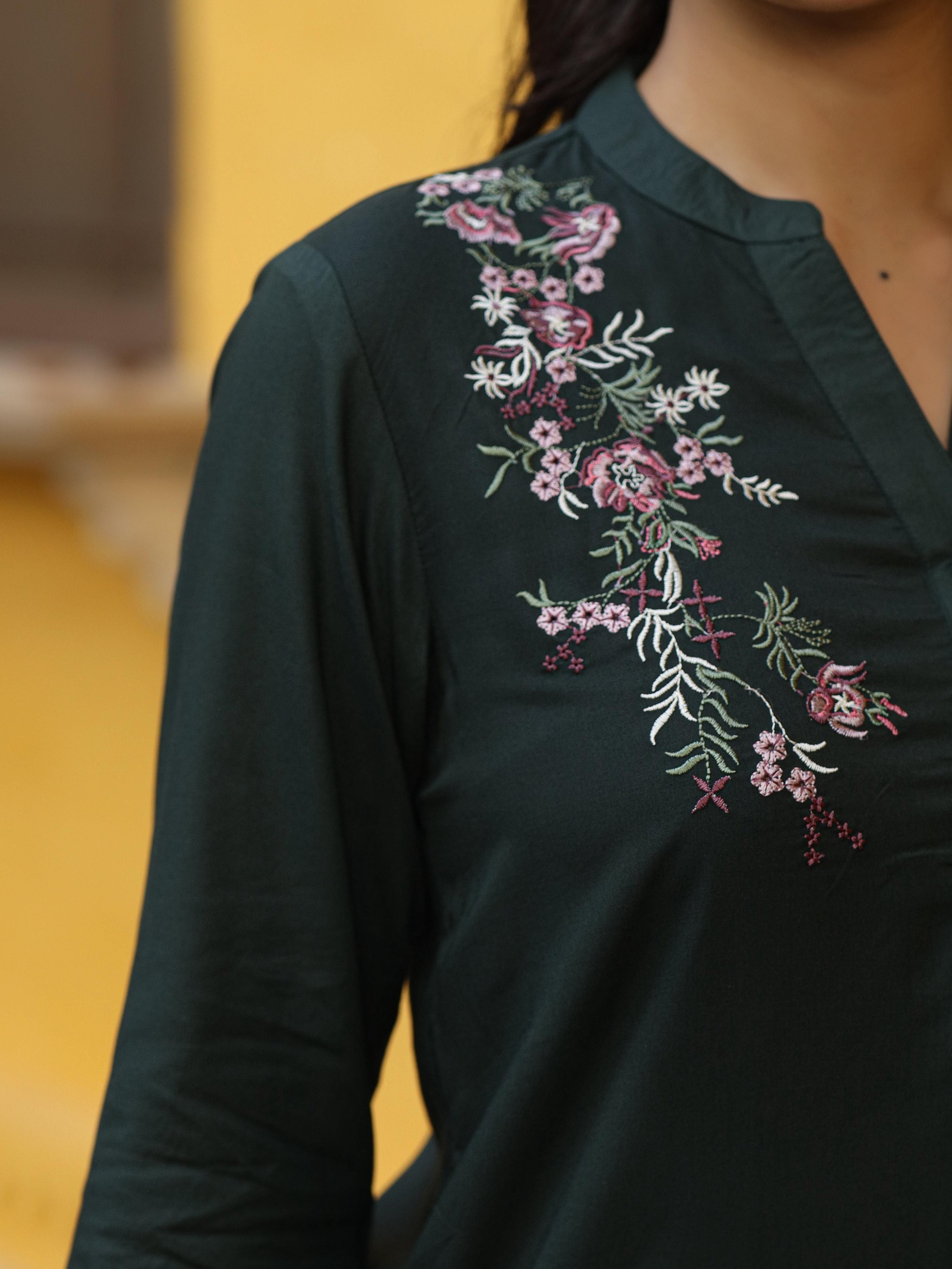Juniper Green Modal Rayon Embroidered Tunic - Distacart