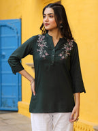 Juniper Green Modal Rayon Embroidered Tunic - Distacart