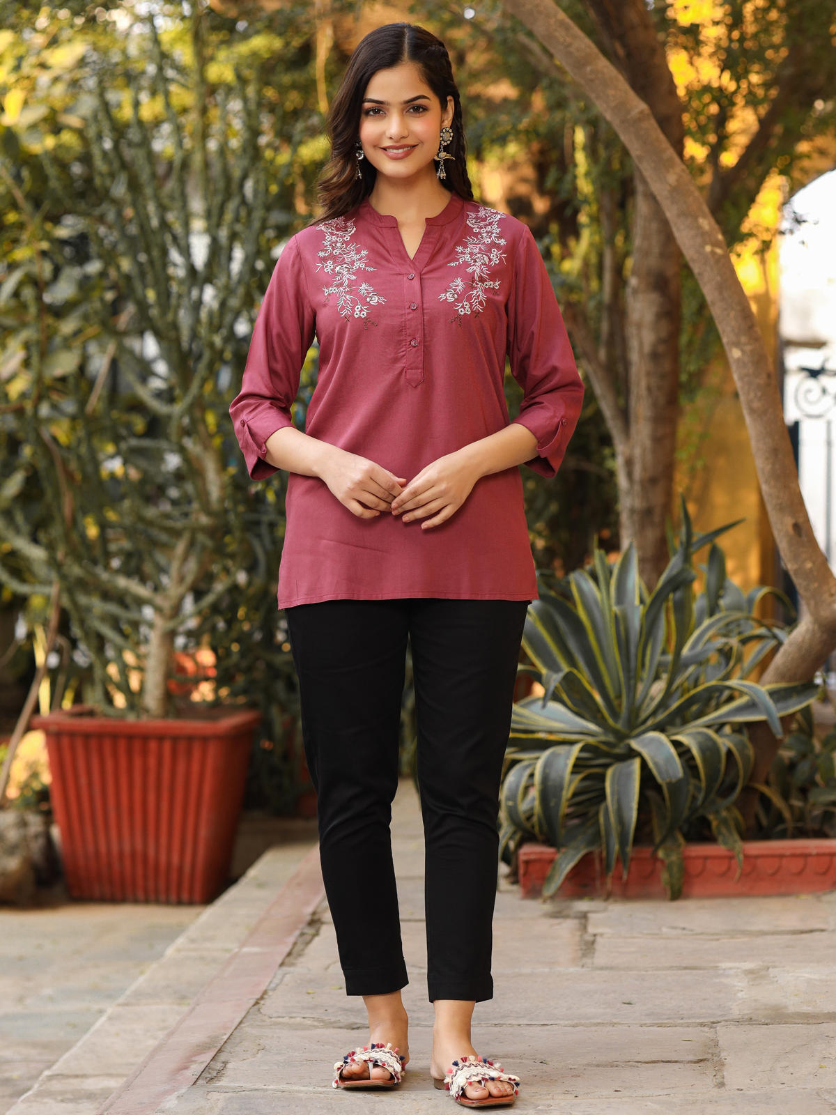 Juniper Women's Onion Pink Modal Rayon Embroidered Tunic