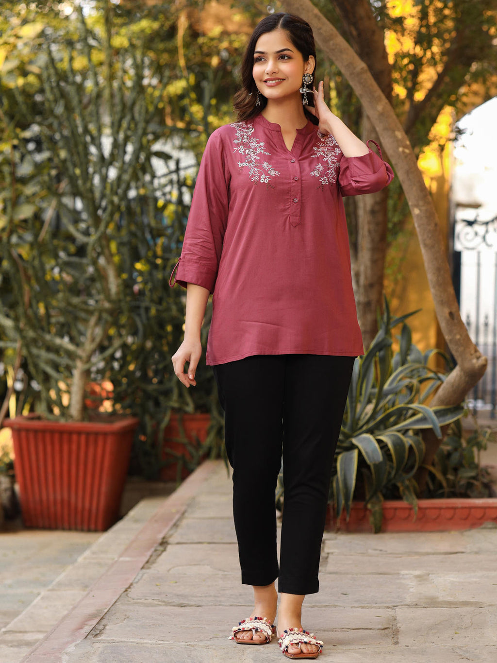 Juniper Women's Onion Pink Modal Rayon Embroidered Tunic