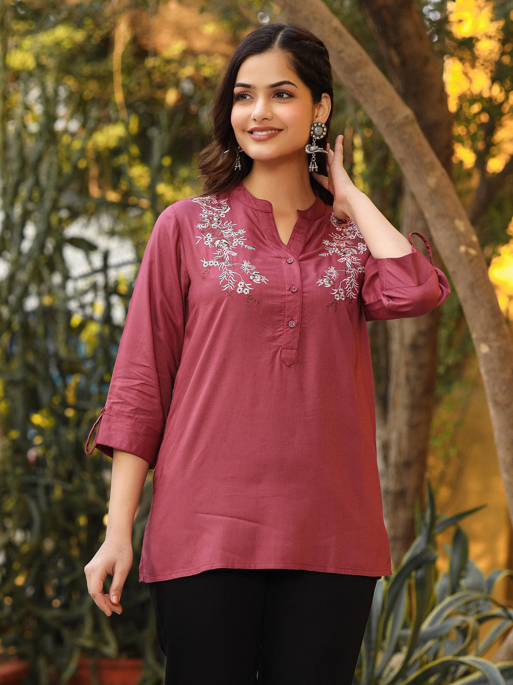 Juniper Women's Onion Pink Modal Rayon Embroidered Tunic