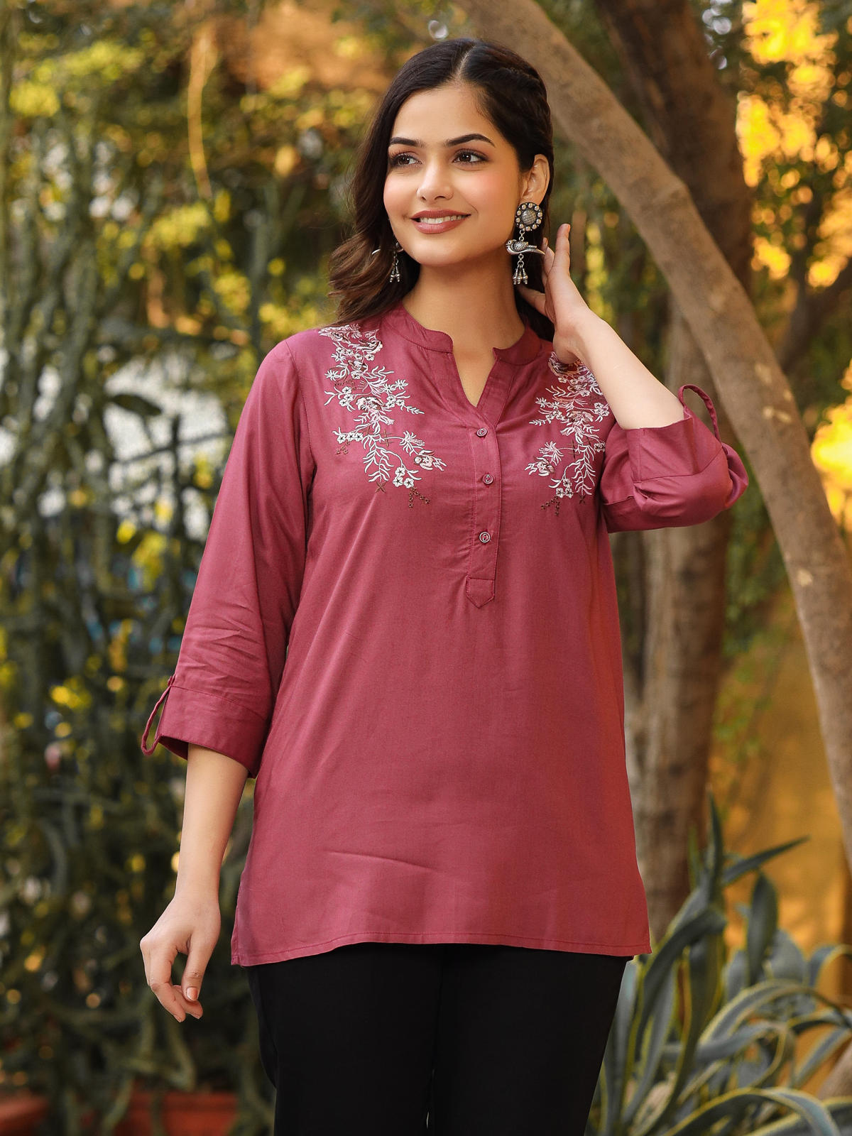 Juniper Women's Onion Pink Modal Rayon Embroidered Tunic