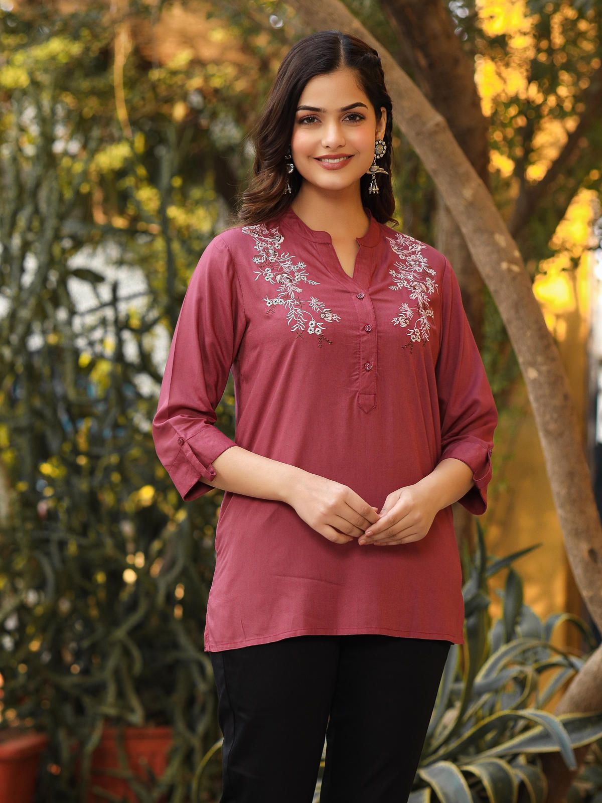 Juniper Women's Onion Pink Modal Rayon Embroidered Tunic