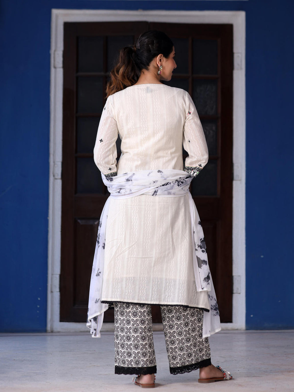 Juniper Women's Off-White & Black Cotton Dobby Pleated Embroidered Kurta Palazzo & Dupatta Set