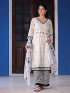 Juniper Women's Off-White & Black Cotton Dobby Pleated Embroidered Kurta Palazzo & Dupatta Set