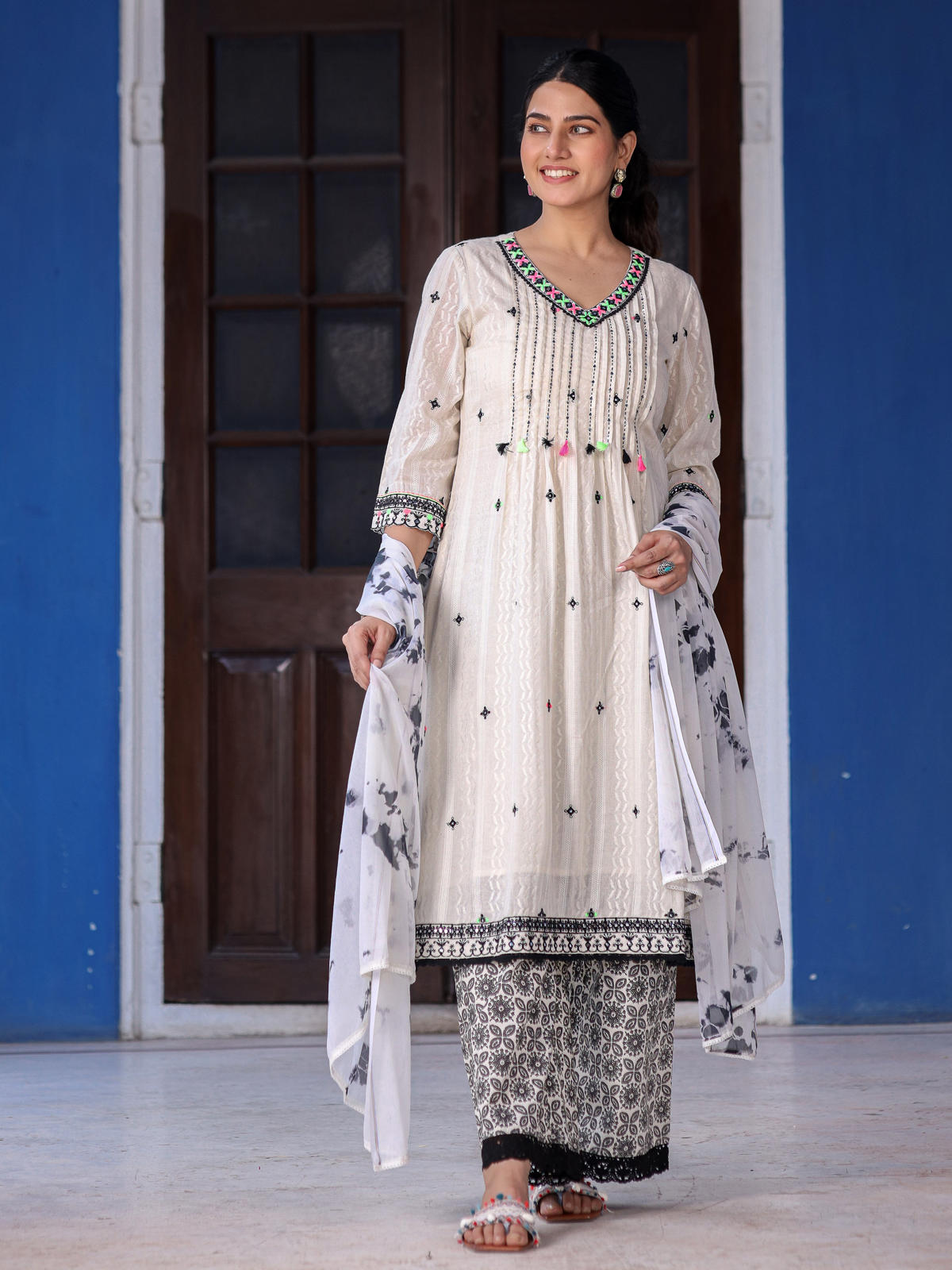 Juniper Women's Off-White & Black Cotton Dobby Pleated Embroidered Kurta Palazzo & Dupatta Set