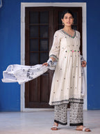 Juniper Women's Off-White & Black Cotton Dobby Pleated Embroidered Kurta Palazzo & Dupatta Set