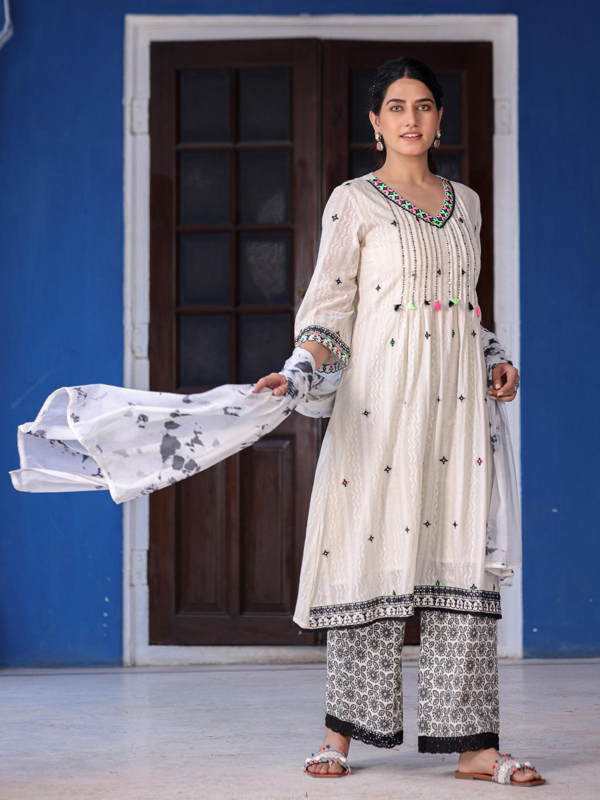 Juniper Women's Off-White & Black Cotton Dobby Pleated Embroidered Kurta Palazzo & Dupatta Set