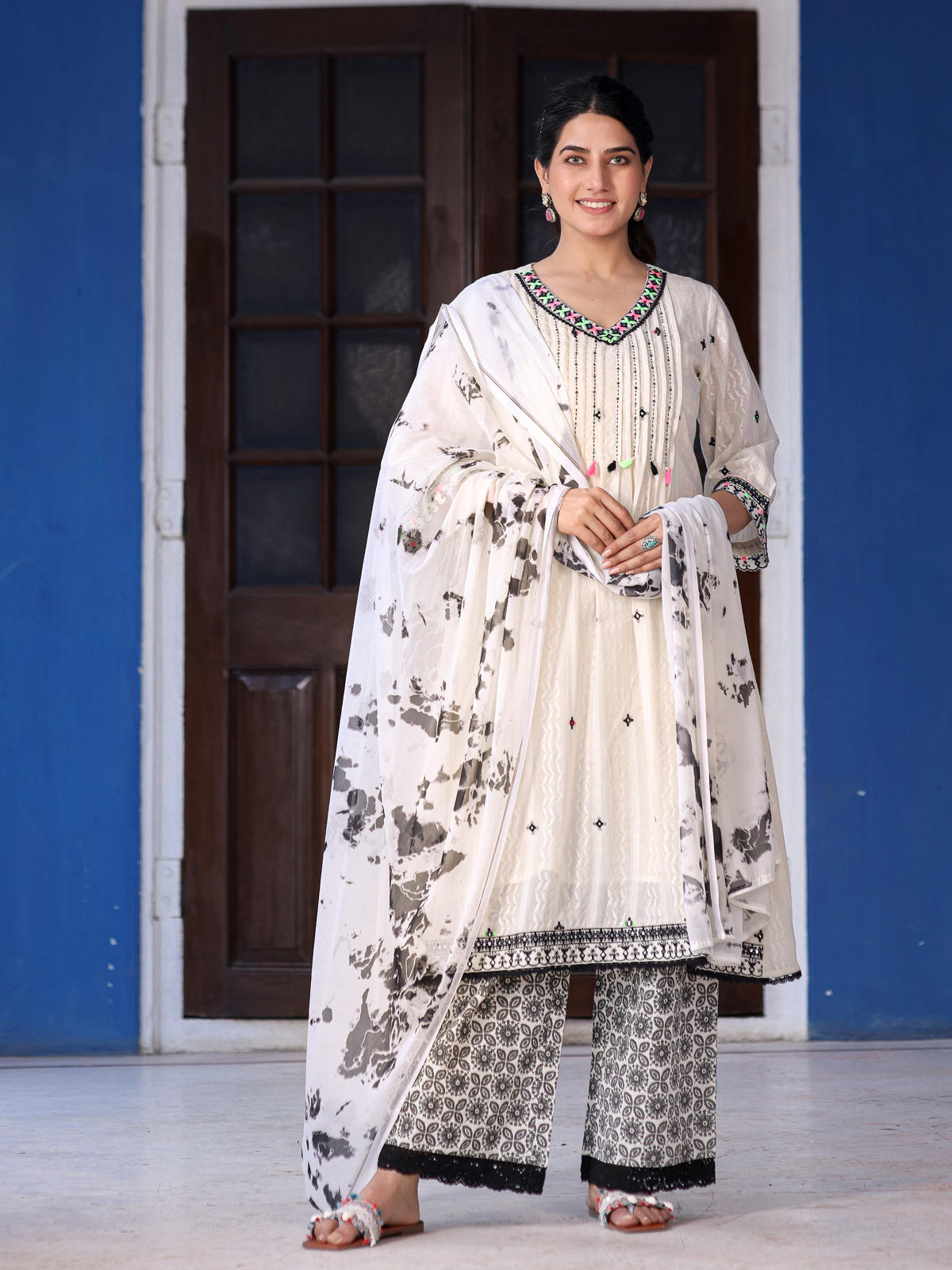 Juniper Women's Off-White & Black Cotton Dobby Pleated Embroidered Kurta Palazzo & Dupatta Set