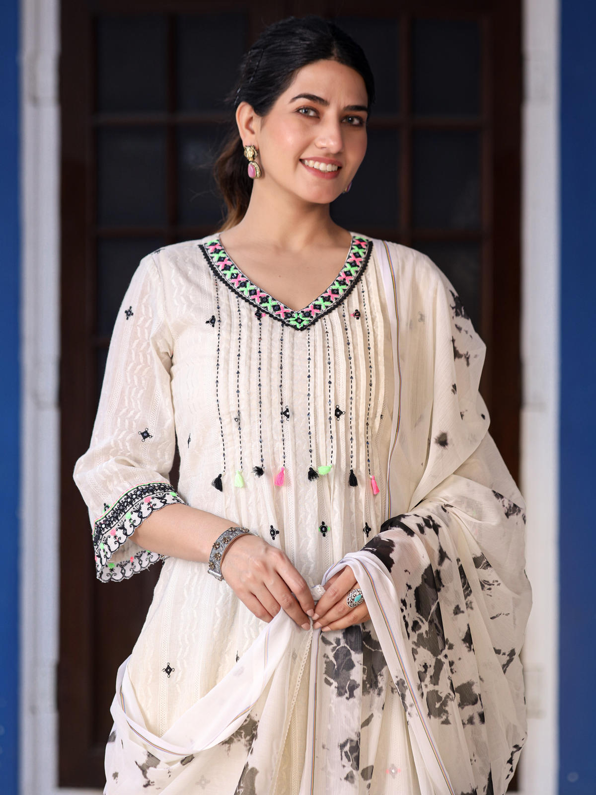 Juniper Women's Off-White & Black Cotton Dobby Pleated Embroidered Kurta Palazzo & Dupatta Set