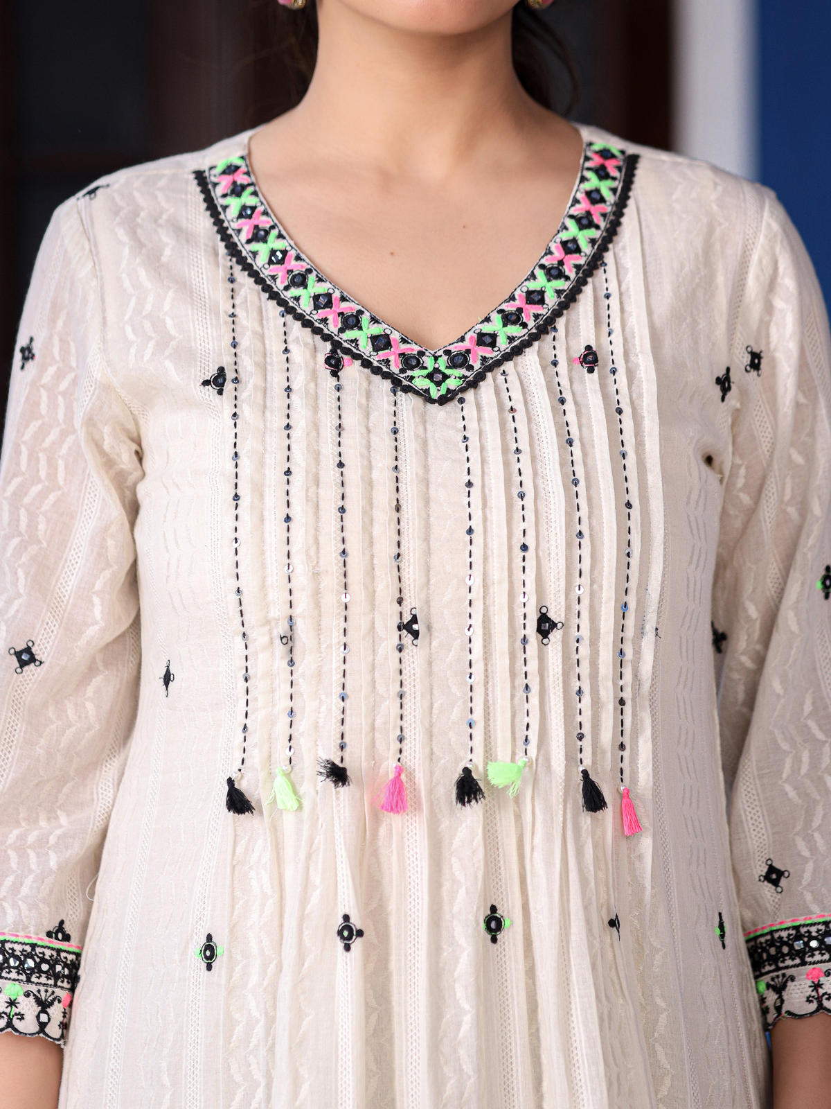 Juniper Women's Off-White & Black Cotton Dobby Pleated Embroidered Kurta Palazzo & Dupatta Set