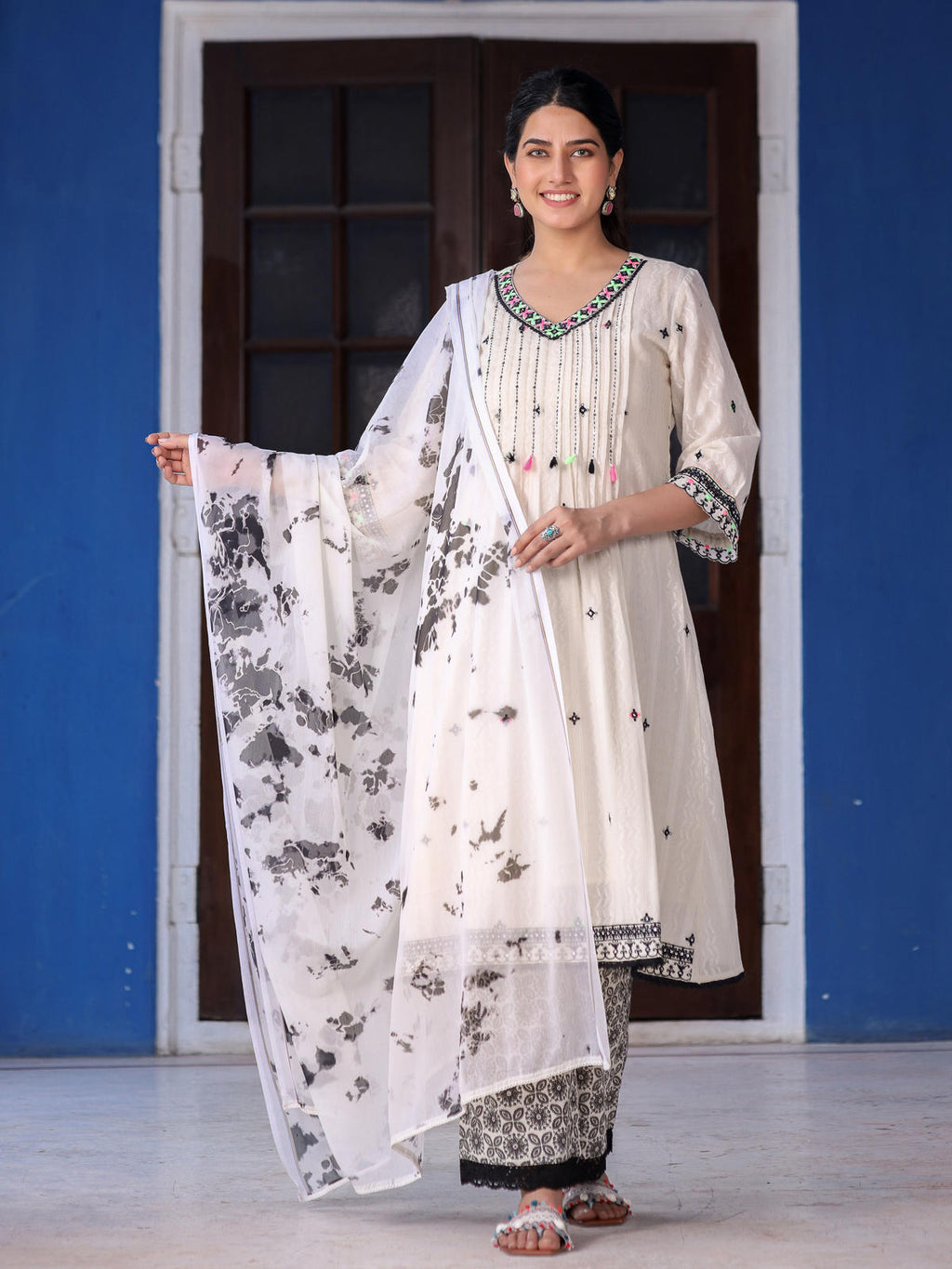 Juniper Women's Off-White & Black Cotton Dobby Pleated Embroidered Kurta Palazzo & Dupatta Set