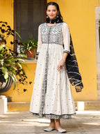 Juniper Off-White & Black Cotton Embroidered Anarkali Dress With Jacket & Tie-Dye Dupatta - Distacart