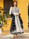 Juniper Off-White & Black Cotton Embroidered Anarkali Dress With Jacket & Tie-Dye Dupatta - Distacart