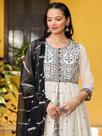 Juniper Off-White & Black Cotton Embroidered Anarkali Dress With Jacket & Tie-Dye Dupatta - Distacart
