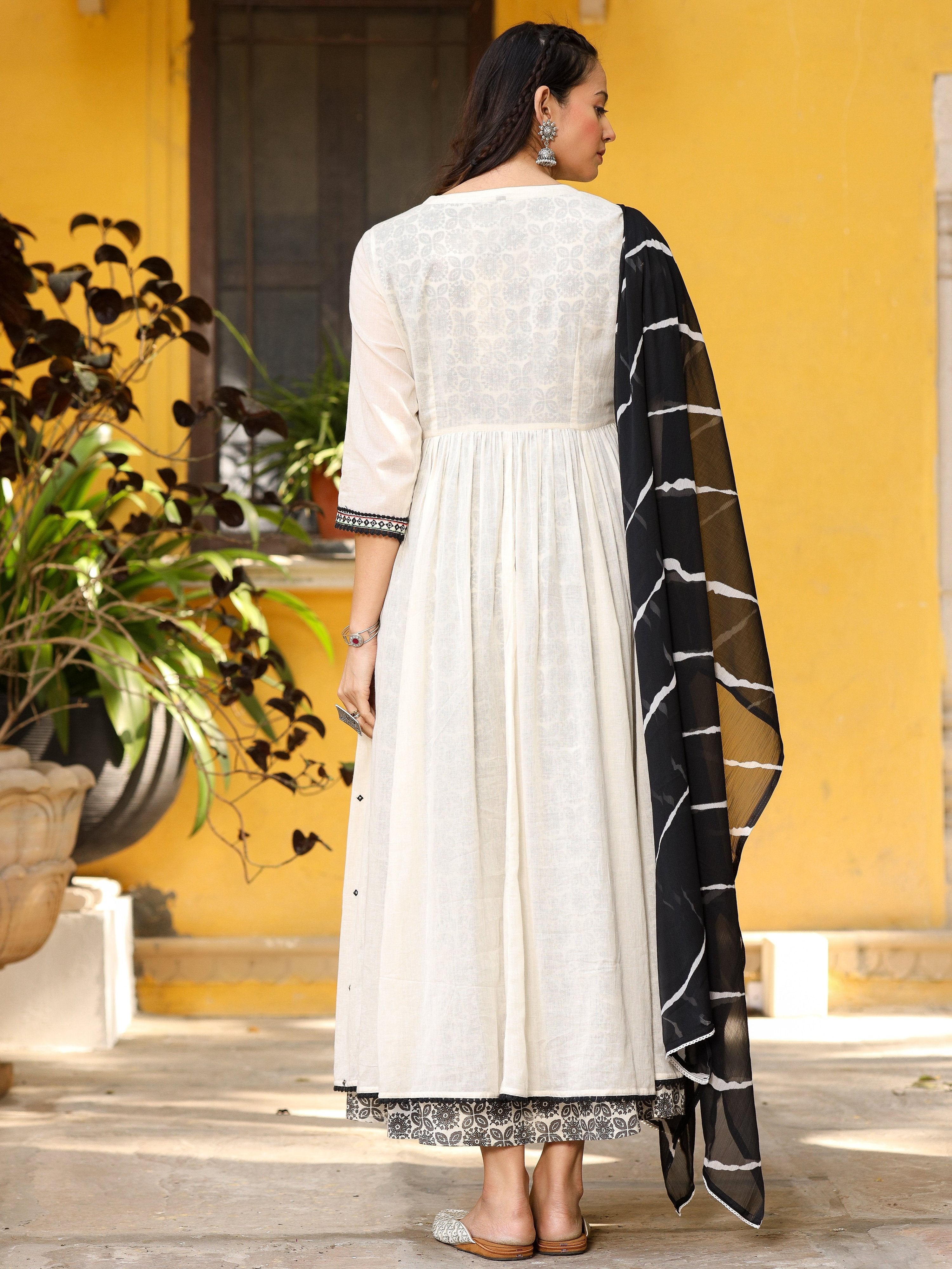 Juniper Off-White & Black Cotton Embroidered Anarkali Dress With Jacket & Tie-Dye Dupatta - Distacart