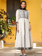 Juniper Off-White & Black Cotton Embroidered Anarkali Dress With Jacket & Tie-Dye Dupatta - Distacart