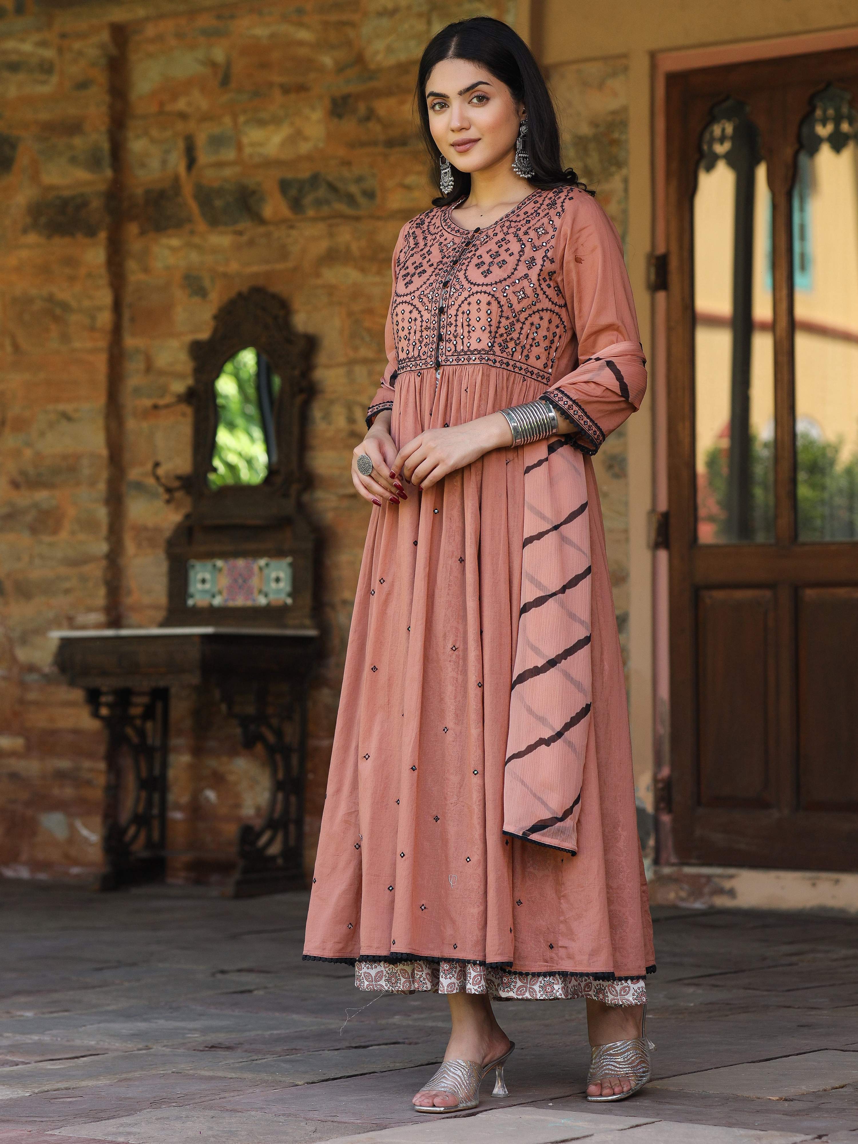 Juniper Women's Onion Pink & Black Cotton Embroidered Anarkali Dress With Jacket & Tie-Dye Dupatta - Distacart