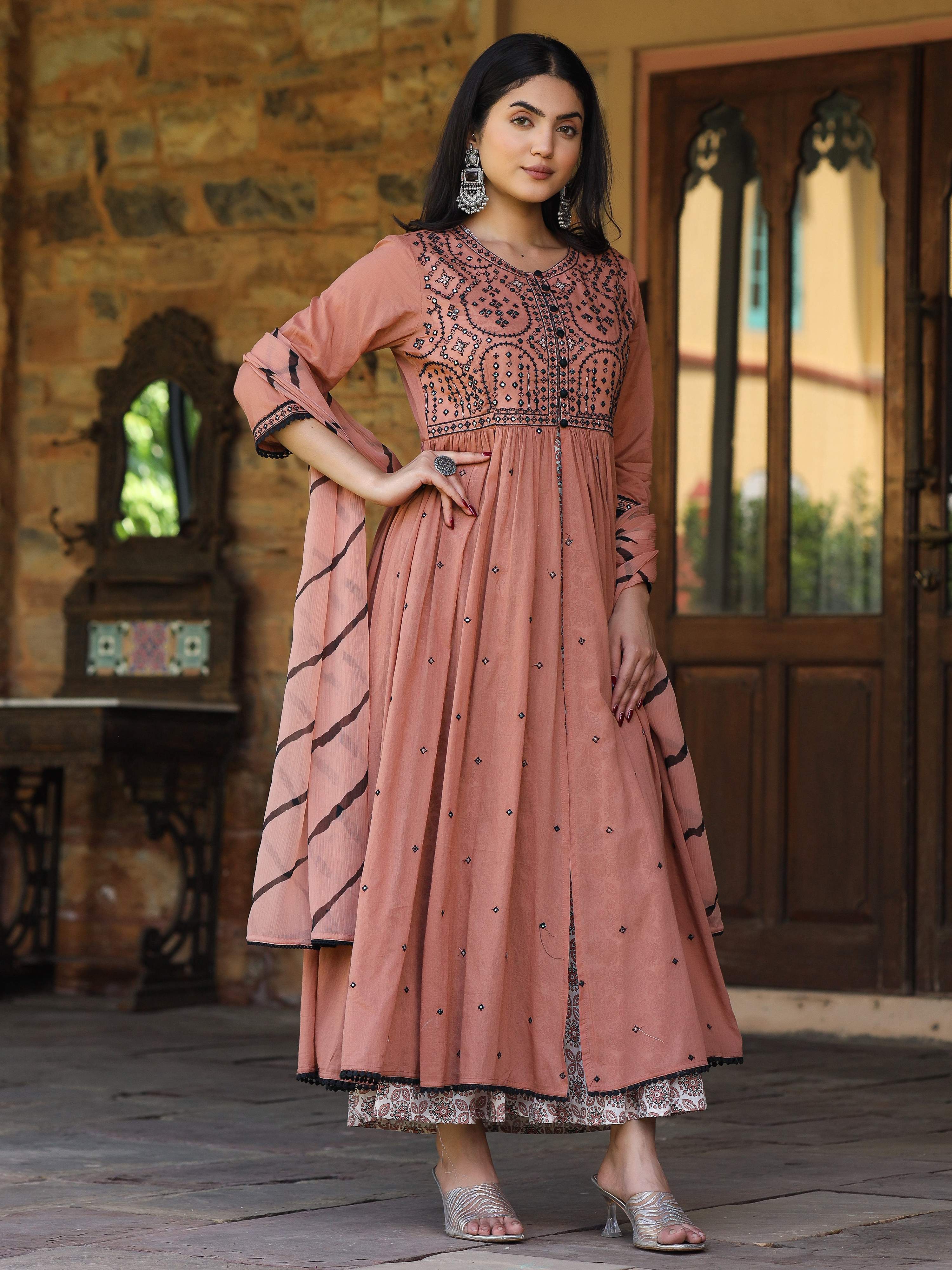 Juniper Women's Onion Pink & Black Cotton Embroidered Anarkali Dress With Jacket & Tie-Dye Dupatta - Distacart