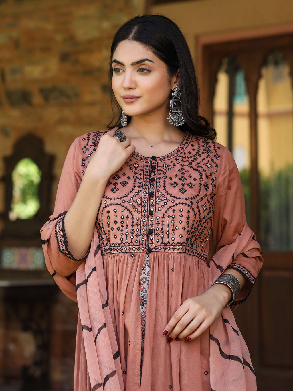 Juniper Women's Onion Pink & Black Cotton Embroidered Anarkali Dress With Jacket & Tie-Dye Dupatta - Distacart