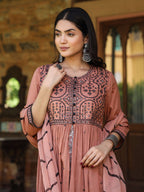 Juniper Women's Onion Pink & Black Cotton Embroidered Anarkali Dress With Jacket & Tie-Dye Dupatta - Distacart