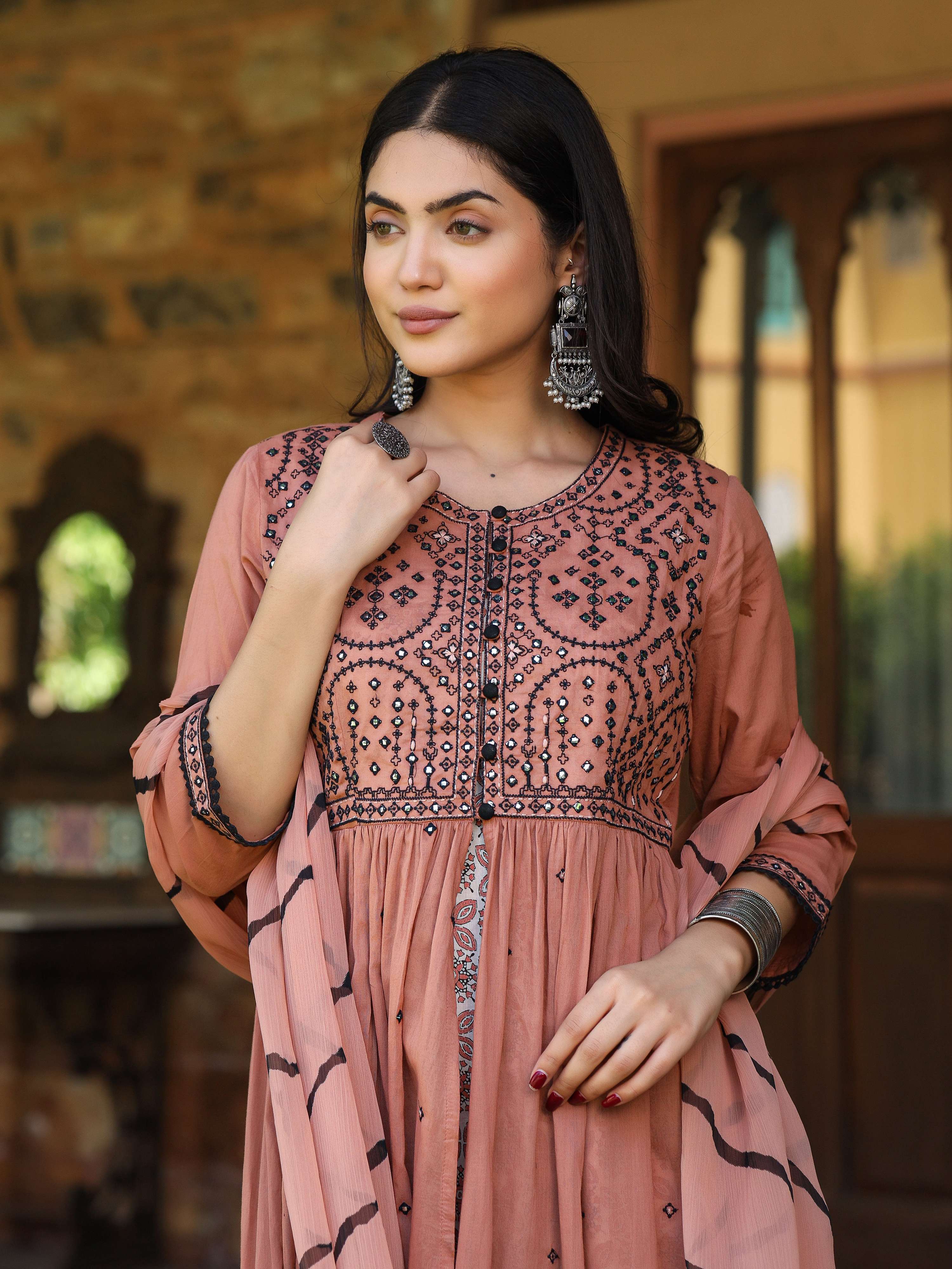 Juniper Women's Onion Pink & Black Cotton Embroidered Anarkali Dress With Jacket & Tie-Dye Dupatta - Distacart