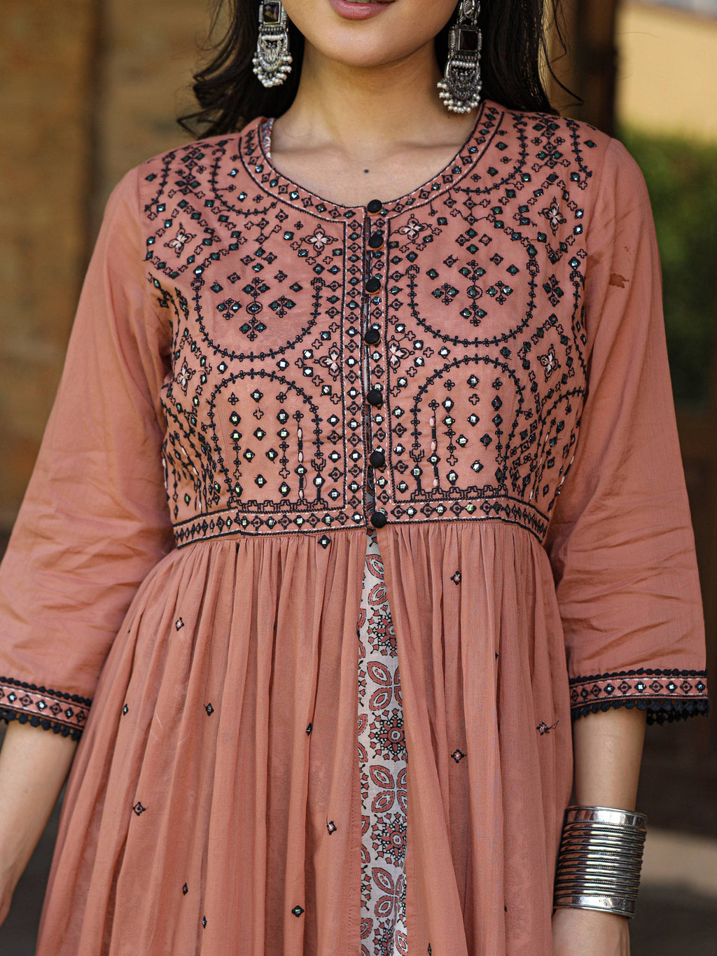 Juniper Women's Onion Pink & Black Cotton Embroidered Anarkali Dress With Jacket & Tie-Dye Dupatta - Distacart