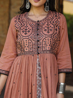 Juniper Women's Onion Pink & Black Cotton Embroidered Anarkali Dress With Jacket & Tie-Dye Dupatta - Distacart