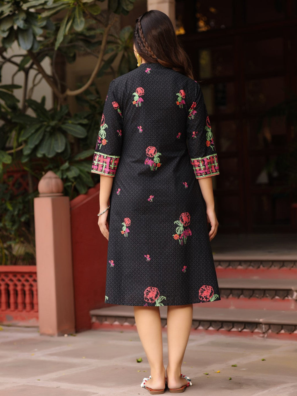 Juniper Black Floral Printed A-Line Pleated Cotton Dress With Kantha Work & Tassels - Distacart