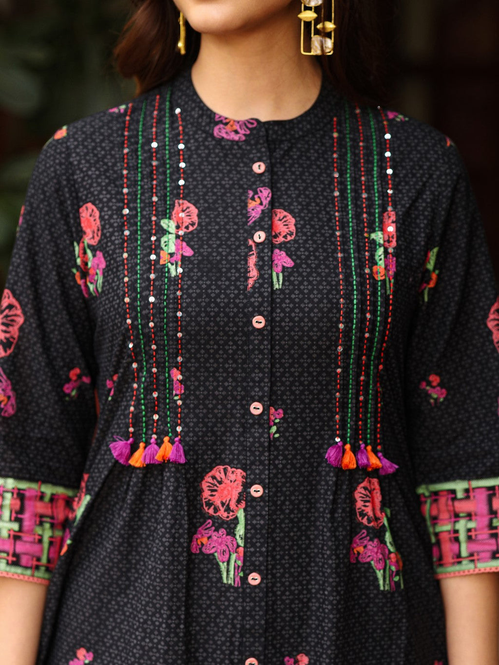 Juniper Black Floral Printed A-Line Pleated Cotton Dress With Kantha Work & Tassels - Distacart