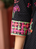 Juniper Black Floral Printed A-Line Pleated Cotton Dress With Kantha Work & Tassels - Distacart