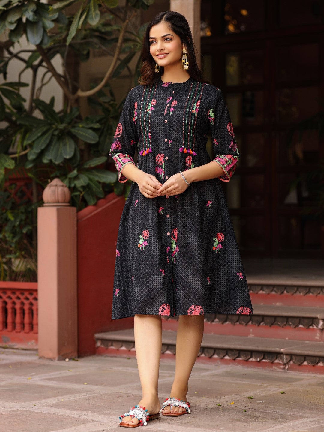 Juniper Black Floral Printed A-Line Pleated Cotton Dress With Kantha Work & Tassels - Distacart