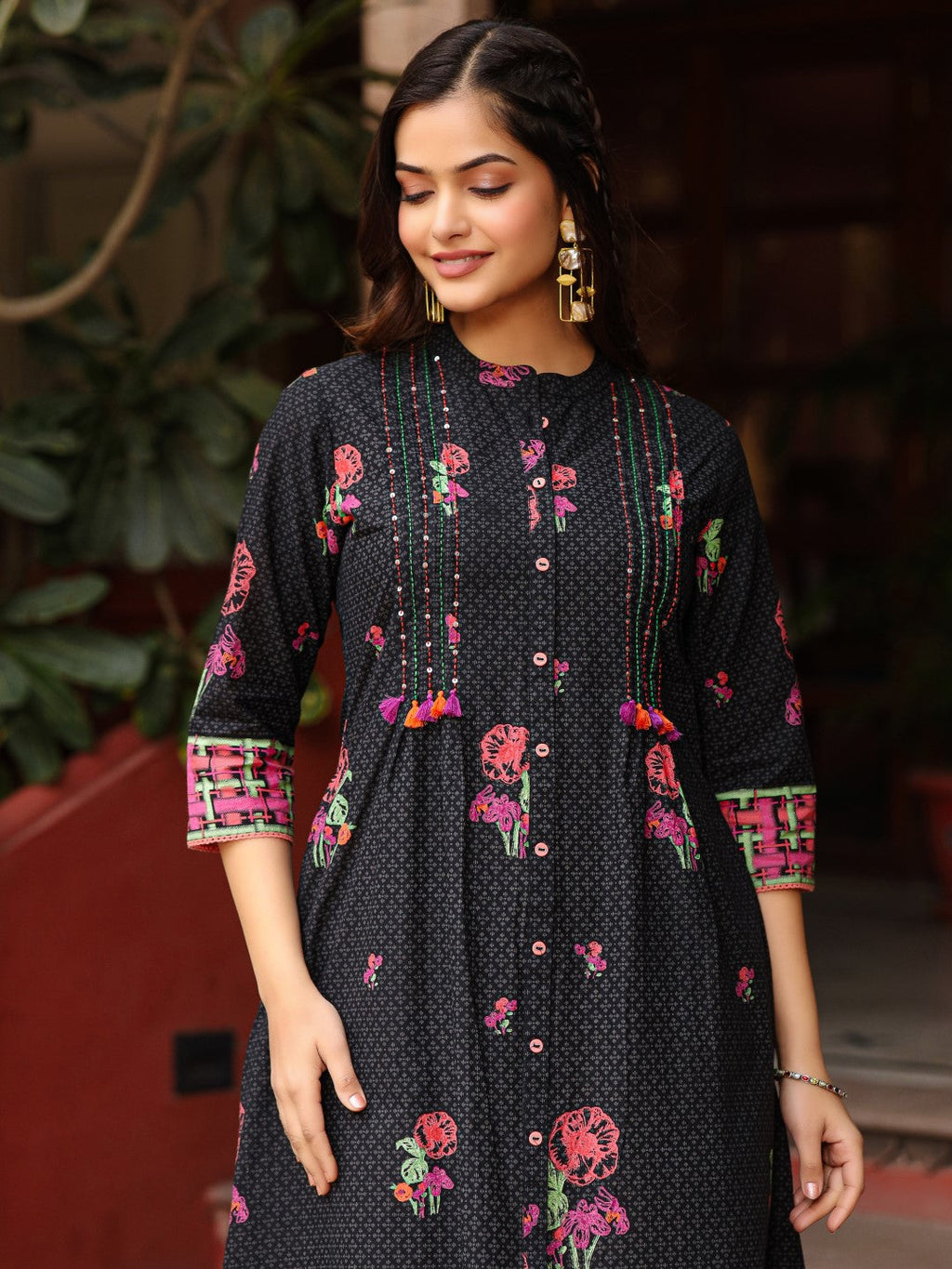 Juniper Black Floral Printed A-Line Pleated Cotton Dress With Kantha Work & Tassels - Distacart