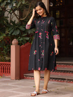 Juniper Black Floral Printed A-Line Pleated Cotton Dress With Kantha Work & Tassels - Distacart