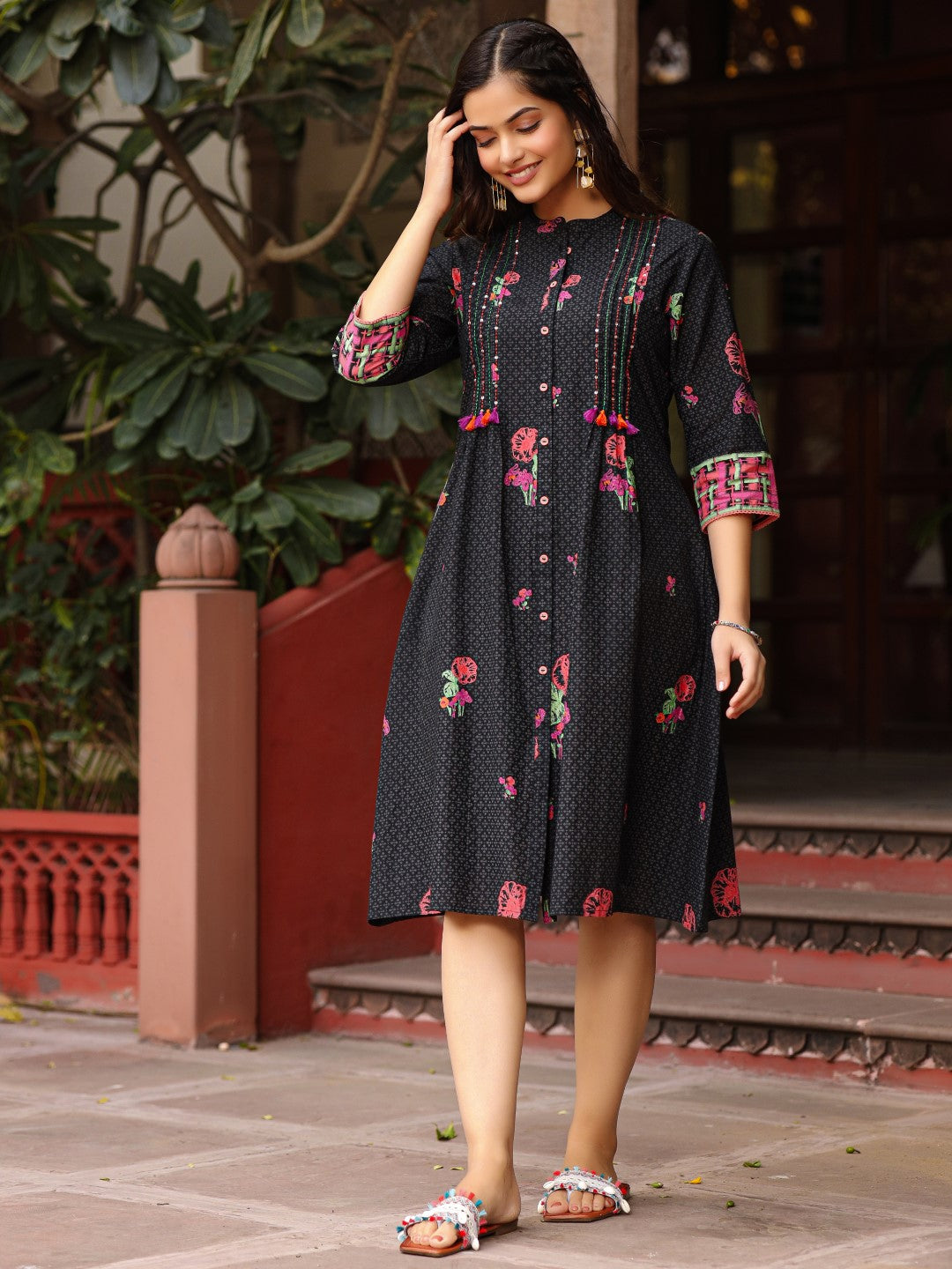 Juniper Black Floral Printed A-Line Pleated Cotton Dress With Kantha Work & Tassels - Distacart