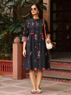 Juniper Black Floral Printed A-Line Pleated Cotton Dress With Kantha Work & Tassels - Distacart