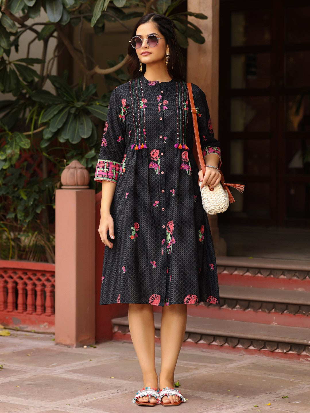Juniper Black Floral Printed A-Line Pleated Cotton Dress With Kantha Work & Tassels - Distacart