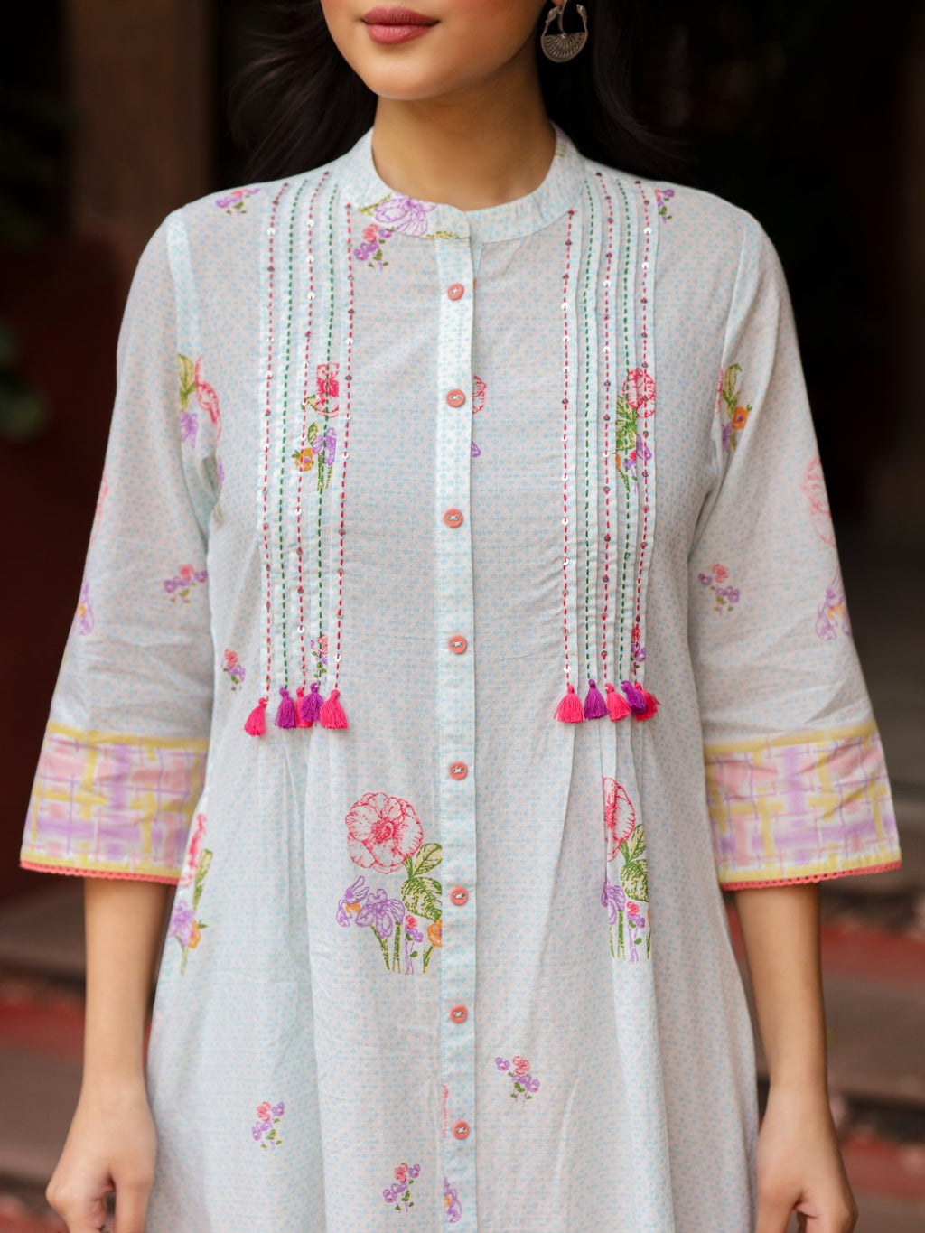 Juniper Mint Floral Printed Pure Cotton Dress With Sequins Work - Distacart