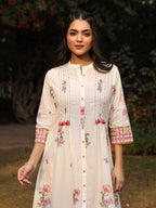 Juniper White Floral Printed A-Line Pleated Cotton Dress With Kantha Work & Tassels - Distacart